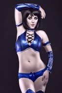 photo of a model in a blue dance leotard