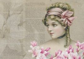 beautiful woman with Vintage hairdress at text, collage