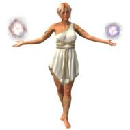 girl with magic spheres in hands on a white background