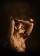 naked Woman in Gas Mask with bird on hand, digital art