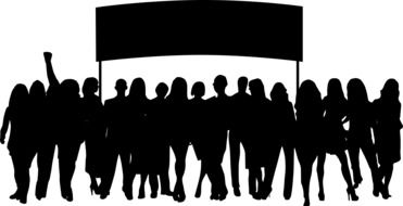 silhouette of a crowd of people with a banner