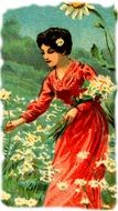 drawing of a vintage girl in a red dress among the colorful flowers