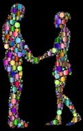 silhouette of a guy and a girl from colorful circles on a black background