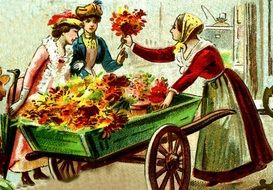flower girl selling bouquet to ladies, Vintage Postcard