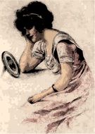 Vintage illustration of young Lady Girl at mirror