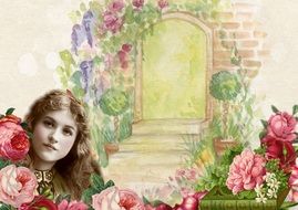 vintage background with floral frame and elegant woman