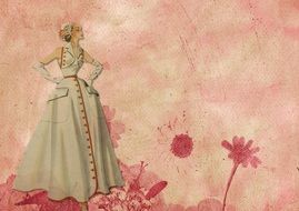 painted lady in vintage dress on a pink background