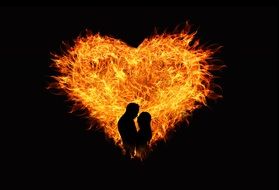 couple silhouette on the blazing heart background