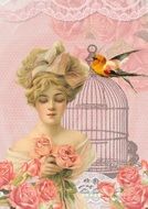 vintage card with a woman and a bird cage