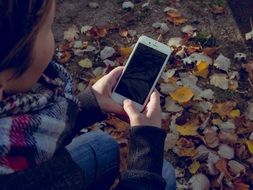 man watching iPhone in the autumn park