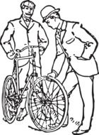 Black and white old-fashioned drawing of the men and bicycle