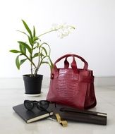 red leather bag, flower in a pot, laptop, wallet, sunglasses and a notebook on the table