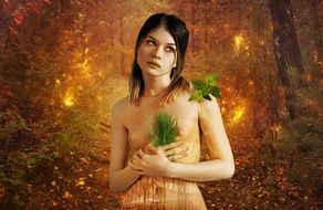 naked girl with green leaves