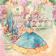 vintage drawing of a lady in the garden