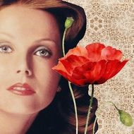 Retro woman and red flowers clipart