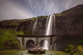 Clipart of Temple and Waterfall