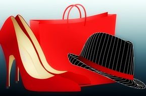 Hat, hight heeled shoes and Shopping bag, illustration