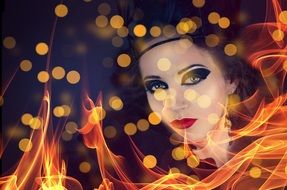 the girl's face behind the highlights of the light