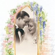 Retro photo of newlyweds in a floral frame