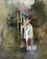 painted girl in a white dress on a background of blurred interior