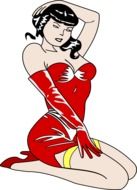 vintage sexy brunette girl in a red dress drawing