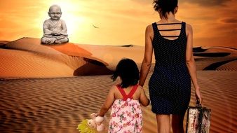 Child girl and Mother walking in desert to Buddha statue, collage