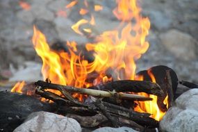 Camping Fire on grey stones outdoor