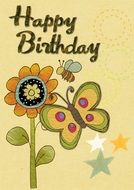 Birthday greeting card with butterfly and flower