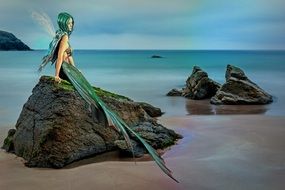 Mermaid sits on rock a water, Fairy Tales illustration