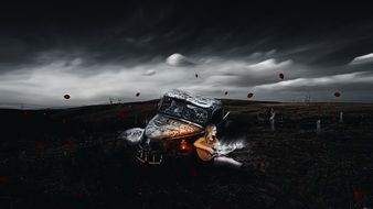 girl with a guitar on a ruined building