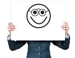 holding woman a smiley mask in hands