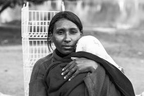 black and white photo of a mother with a baby in her arms