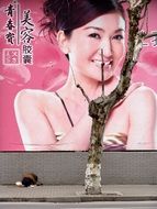 beautiful woman as an advertisement on the facade