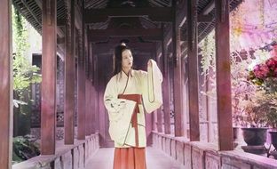 woman in traditional chinese costume among flowers