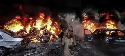 blonde with glasses and a camera on the fire