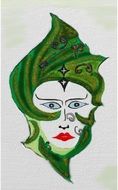drawing of a woman in a green mask