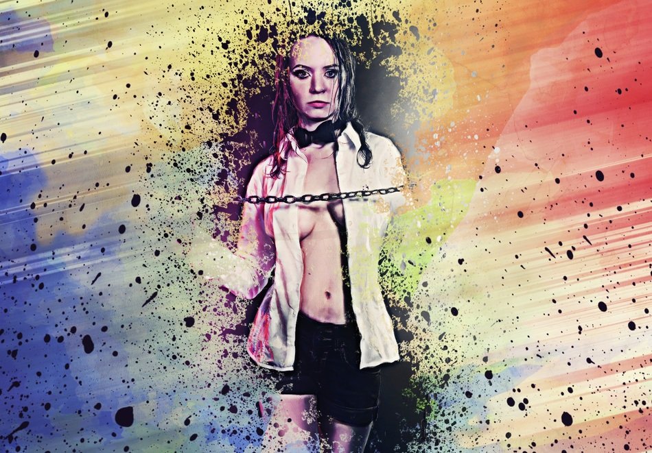 photo of a girl with a chain in hands on a colorful background