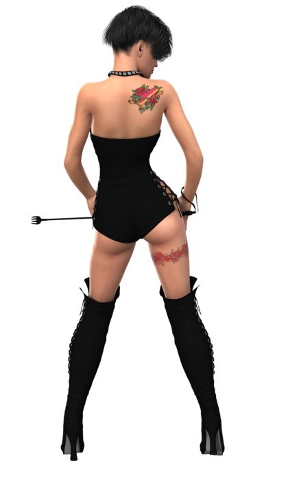 A woman with tattoos and a Whip drawing