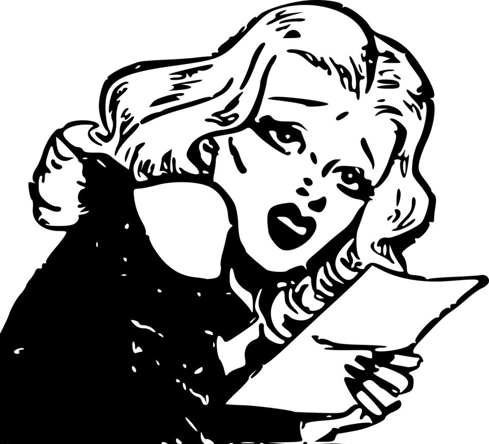 woman with expression of Horror holds paper, vintage illustration