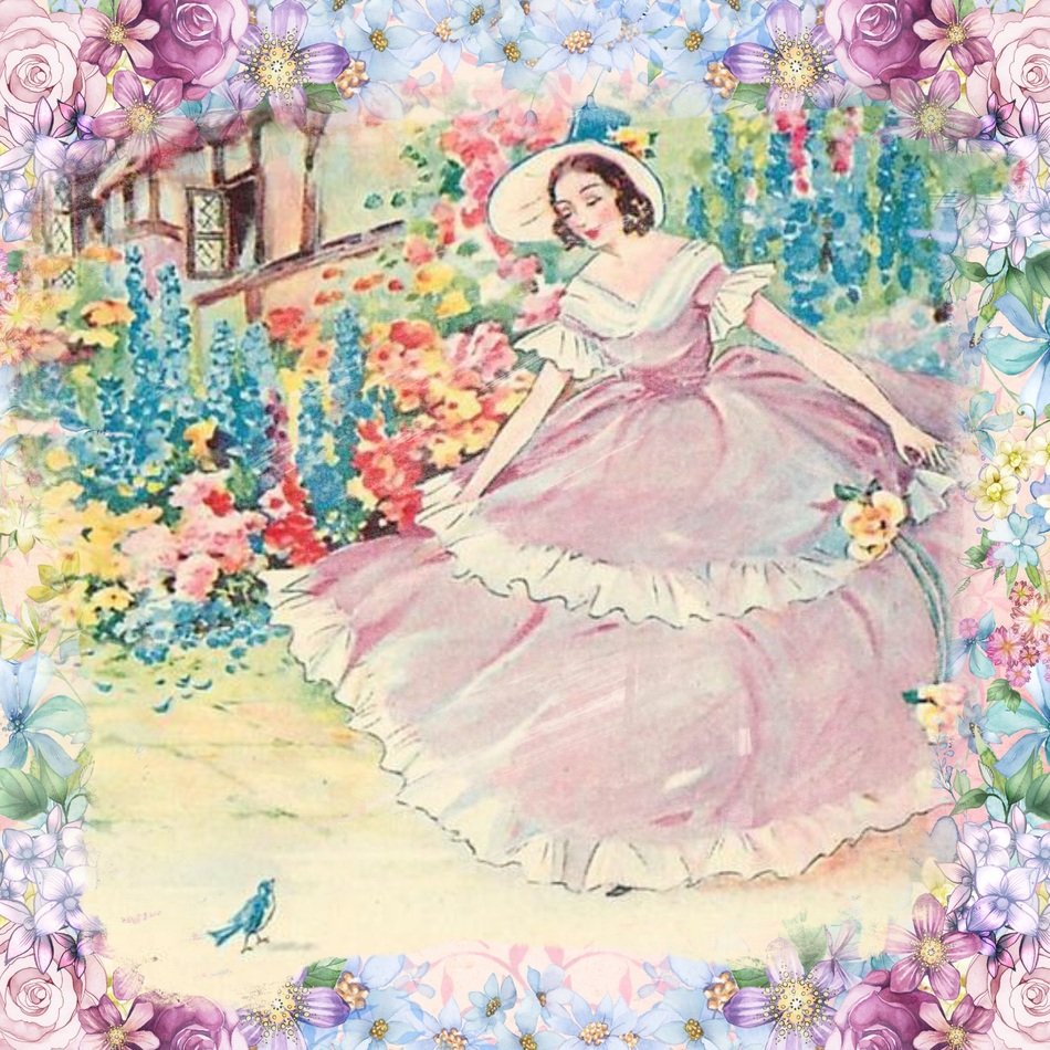 beautiful Lady in blooming garden, Vintage Drawing