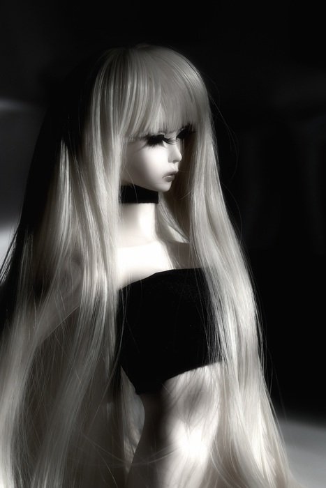 Black and white photo of the fashion doll