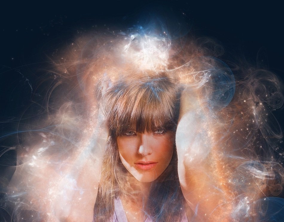 Portrait of Brunette girl with smoke and sparkles