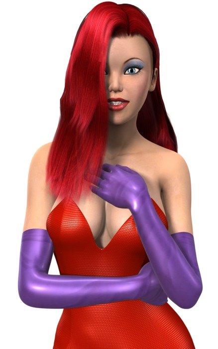 girl in latex red dress and purple gloves