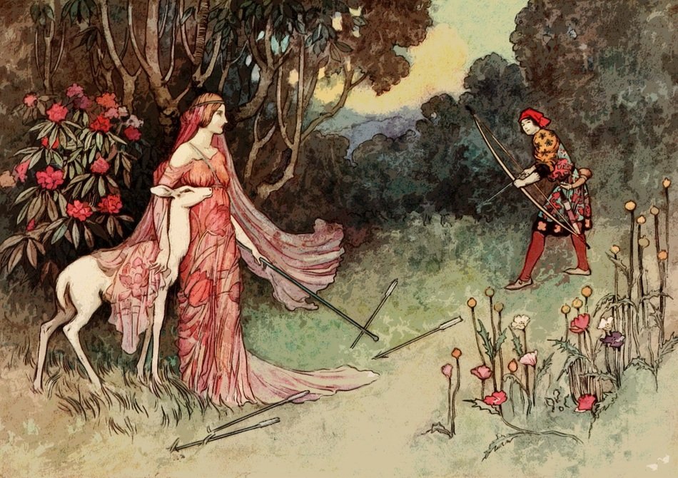 vintage drawing of a woman next to an archer