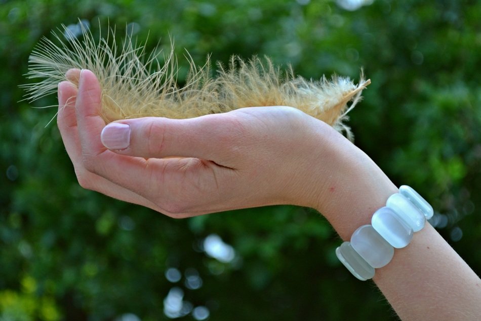 weightless feather on the woman hand