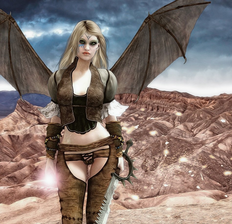 sexy young girl with black wings in rocky desert, Gothic Fantasy artwork