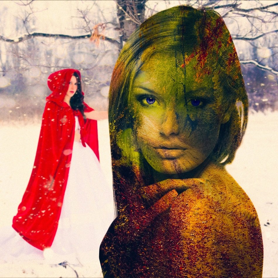 girl in a red cloak and a girl with colored skin
