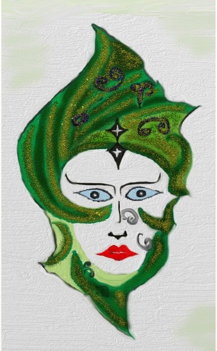drawing of a woman in a green mask