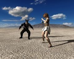 figures of a man and a woman in a duel