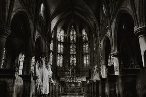 woman with knife in Church interior, digital art